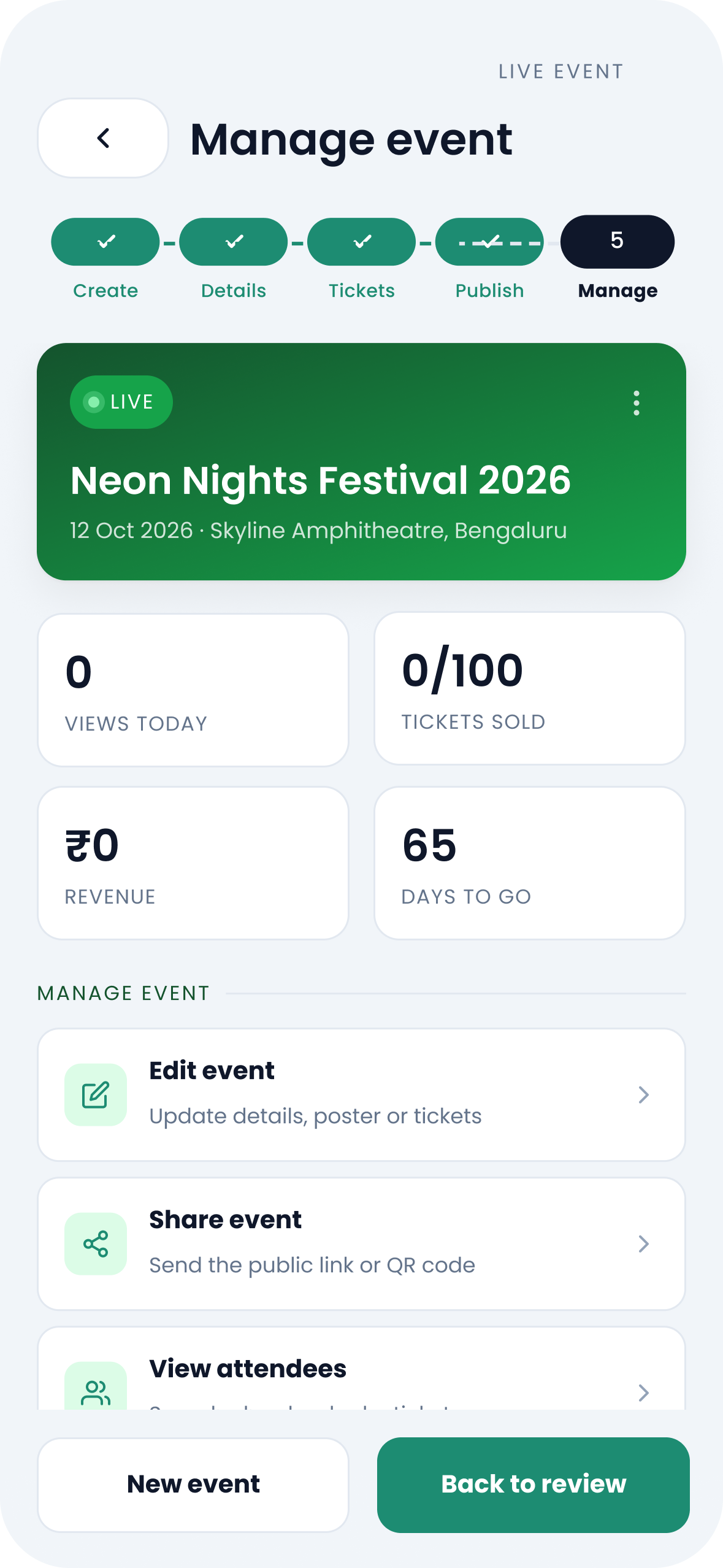 Manage event screen